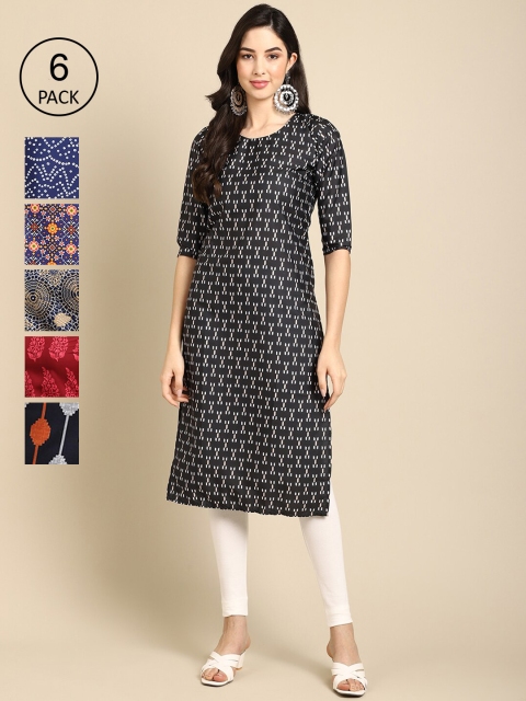 

KALINI Women Pack of 6 Ethnic Motifs Printed Crepe Kurta, Black