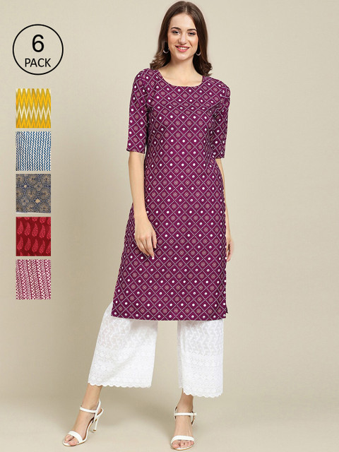 

KALINI Women Pack Of 6 Geometric Printed Crepe Kurta, Purple