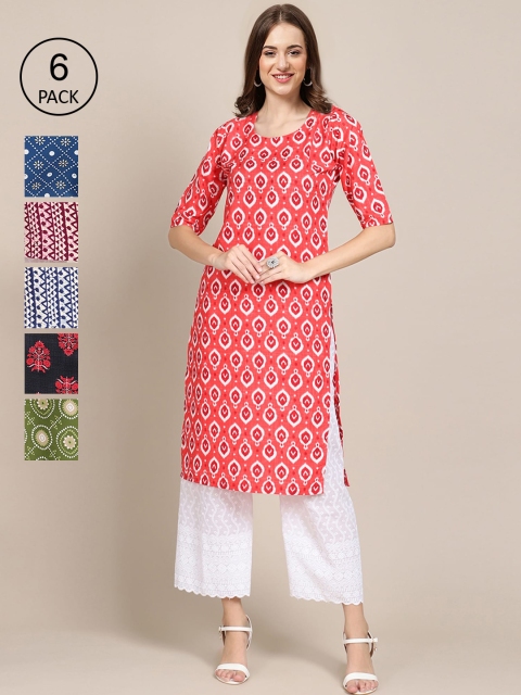 

KALINI Women White and Red Geometric Printed Crepe Kurta [PACK OF 6]
