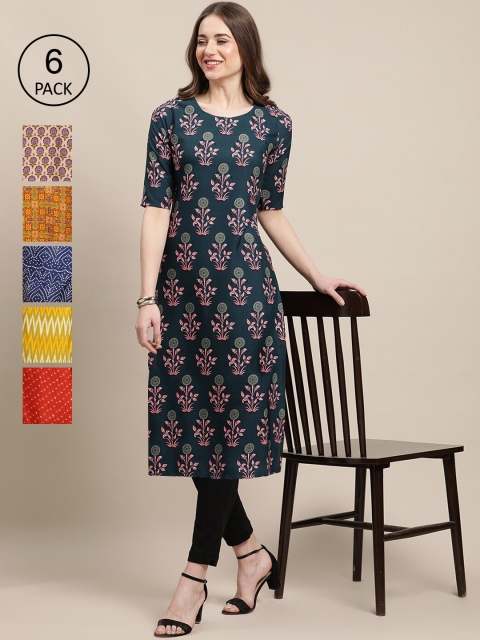 

KALINI Women Pack Of 6 Ethnic Motifs Printed Crepe Kurta, Red