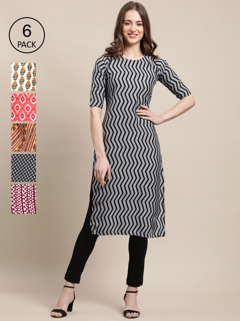 

KALINI Women Pack of 6 Geometric Printed Summer Sheers Crepe Kurta, White