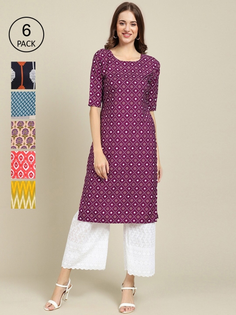 

KALINI Women Pack Of 6 Geometric Printed Crepe Kurta, Purple