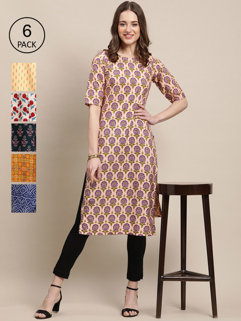 

KALINI Women Pack Of 6 Printed Crepe Kurta, Multi
