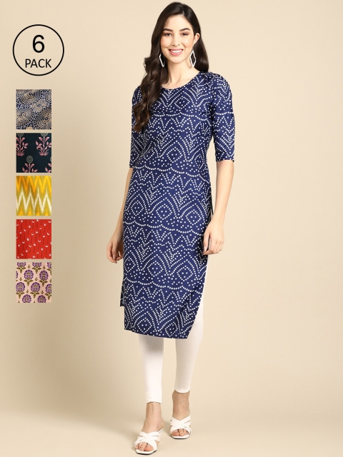

KALINI Women Pack of 6 Printed Crepe Kurta, Blue