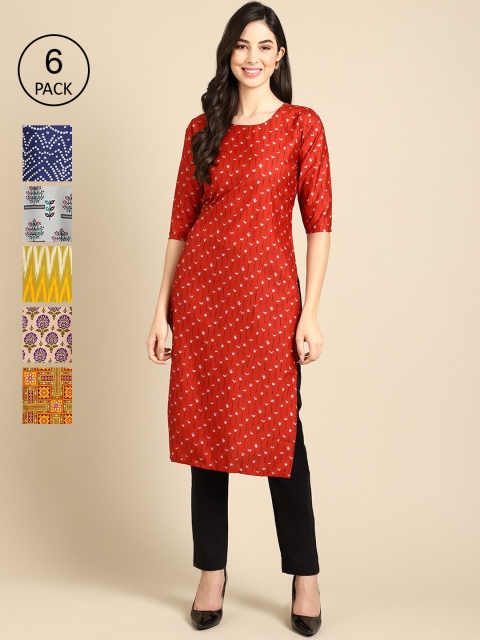 

KALINI Women Pack Of 6 Printed Crepe Kurta, Orange