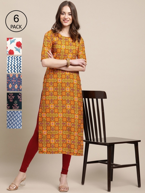

KALINI Pack Of 6 Women Printed Straight Crepe Kurta, White