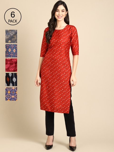 

KALINI Pack of 6 Women Blue & Maroon Ethnic Motifs Printed Crepe Kurta