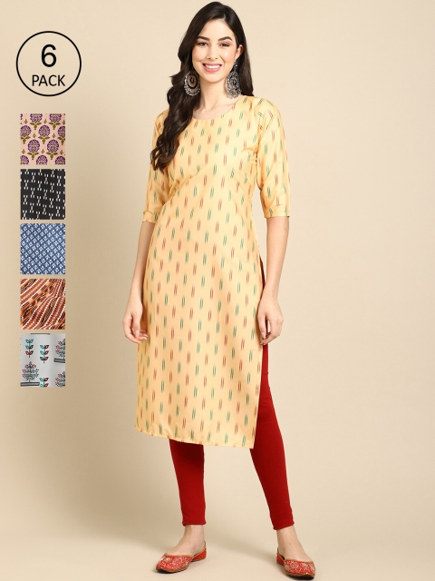 

KALINI Women Pack Of 6 Geometric Printed Crepe Kurta, Yellow