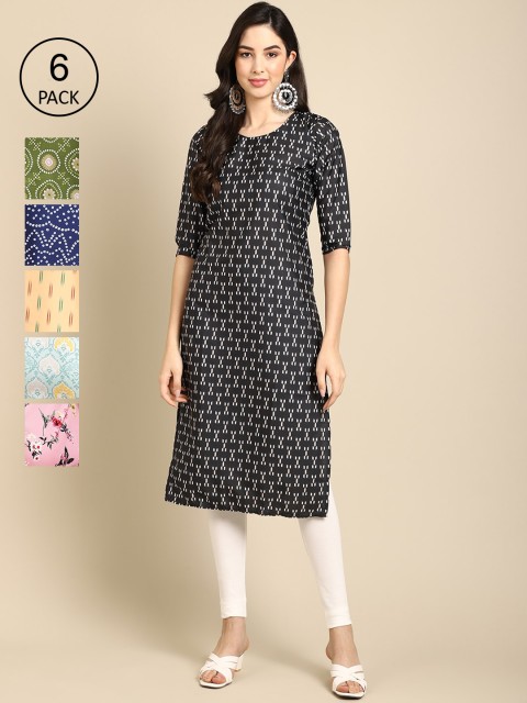 

KALINI Women Pack of 6 Black & Green Floral Printed Crepe Kurta