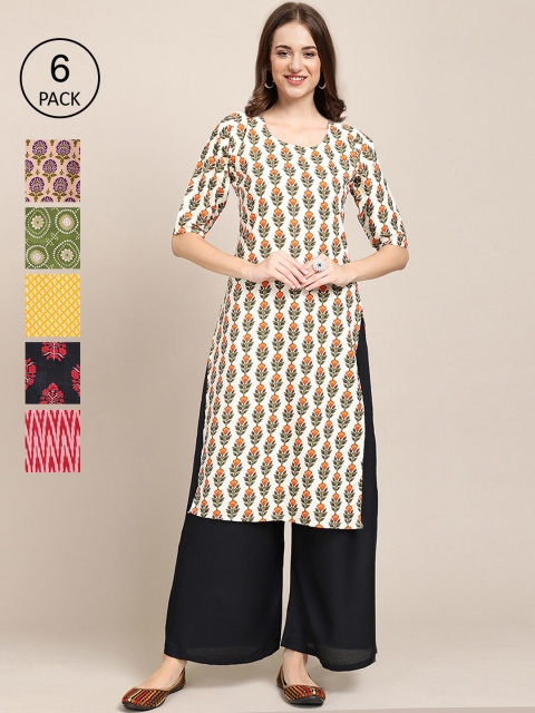 

KALINI Women Pack of 6 Digital Printed Crepe Straight Kurtas, Cream