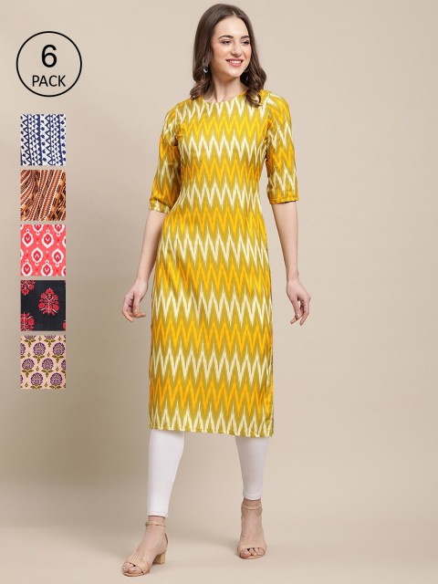 

KALINI Women Yellow & Pink Pack Of 6 Geometric Printed Summer Sheers Crepe Kurta