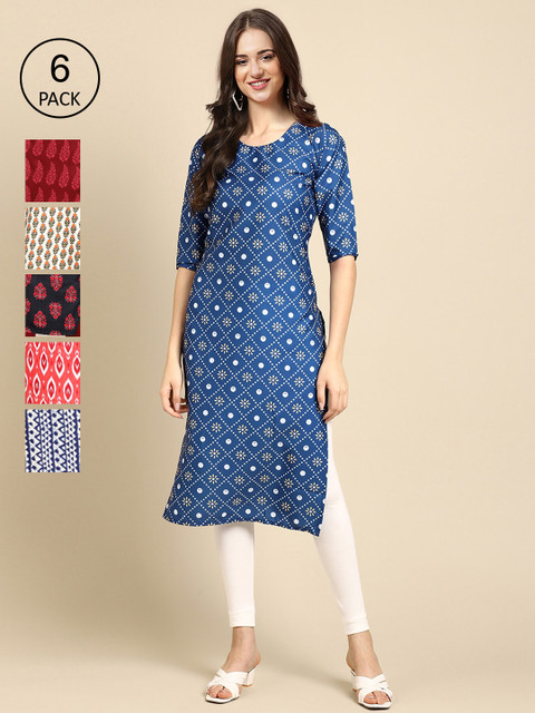

KALINI Women Blue & Red Pack of 6 Ethnic Motifs Printed Crepe Kurtas