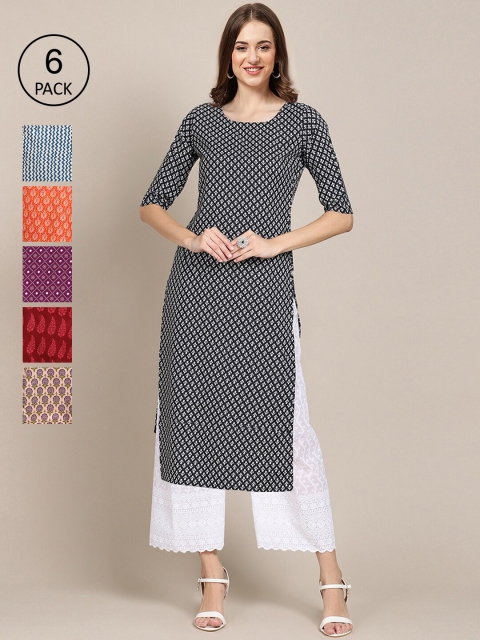

KALINI Women Set Of 6 Blue & Red Ethnic Motifs Printed Crepe Kurta