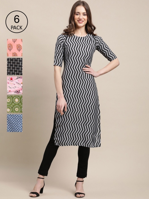

KALINI Women Pack Of 6 Multicoloured Geometric Printed Crepe Kurta, Multi
