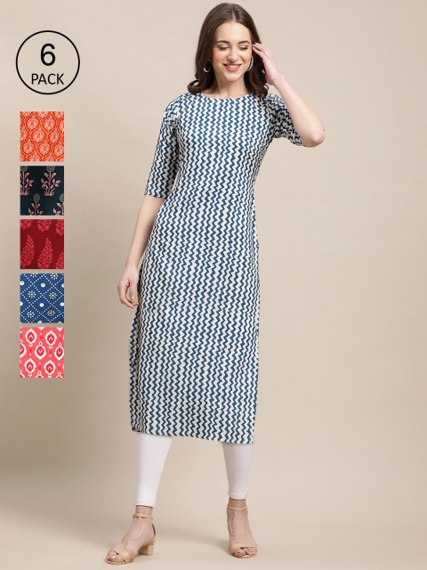 

KALINI Women Pack Of 6 Printed Crepe Kurta, Blue