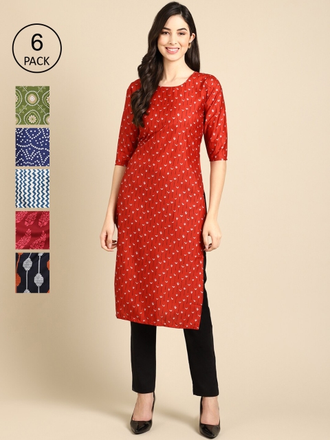 

KALINI Women Pack of 6 Women Printed Straight Crepe Kurta, Multi