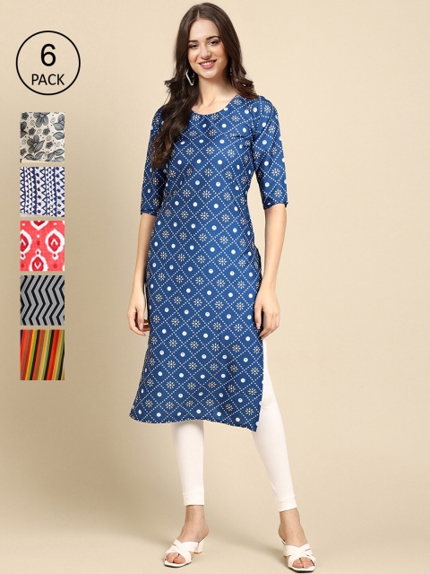 

KALINI Women Pack of 6 Printed Crepe Kurtas, Multi