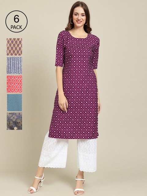 

KALINI Women Pack Of 6 Summer Sheers Crepe Kurta, Purple