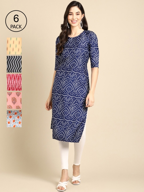 

KALINI Women Pack Of 6 Geometric Striped Crepe Kurta, Multi