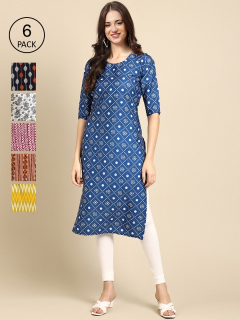 KALINI Women Pack of 6 Geometric Printed Crepe Kurta, Blue
