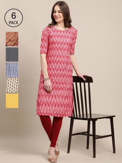 

KALINI Women White and Red Paisley Yoke Design Thread Work Crepe Kurta [PACK OF 6]