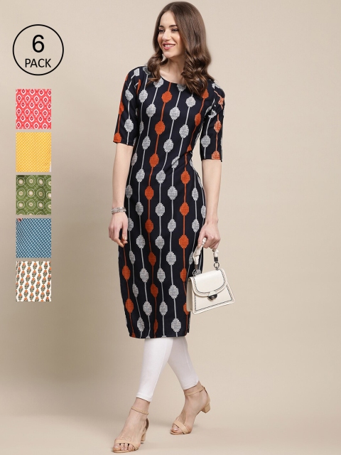 

KALINI Women Pack of 6 Ethnic Motifs Printed Crepe Kurta, Multi