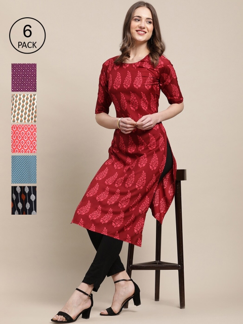 

KALINI Women Pack Of 6 Ethnic Motifs Printed Crepe Kurta, Red