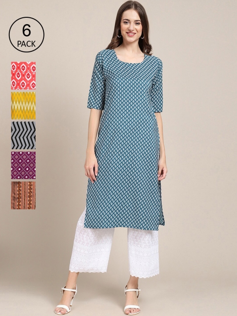 

KALINI Women Pack Of 6 Geometric Striped Thread Work Crepe Kurta, Multi