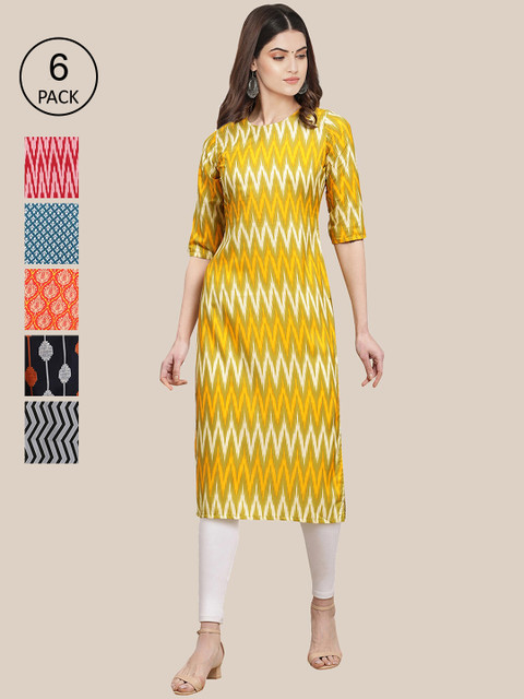 

KALINI Women Pack of 6 Geometric Printed Summer Sheers Crepe Kurta, Yellow