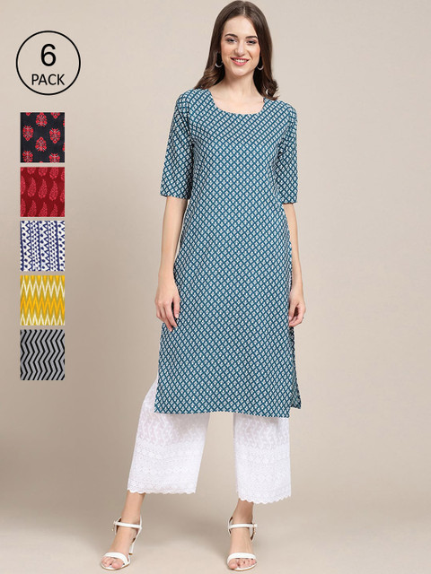 

KALINI Women Pack Of 6 Printed Crepe Kurta, Multi
