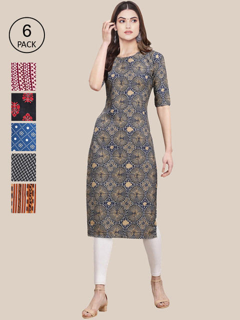 

KALINI Women Pack Of 6 Printed Crepe Kurta, Grey