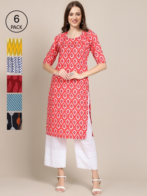 

KALINI Pack Of 6 Women Printed Straight Crepe Kurta, Red