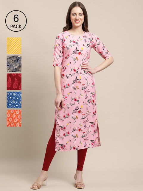

KALINI Women Pack Of 6 Printed Crepe Straight Kurta, Red