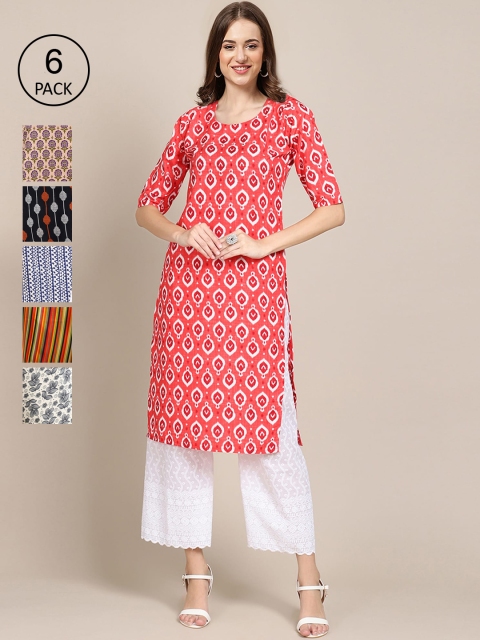 

KALINI Women Pack Of 6 Geometric Printed Crepe Kurta, Red