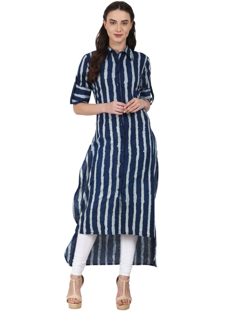 

Nayo Women Navy & Off-White Striped High-Low Pathani Kurta, Navy blue