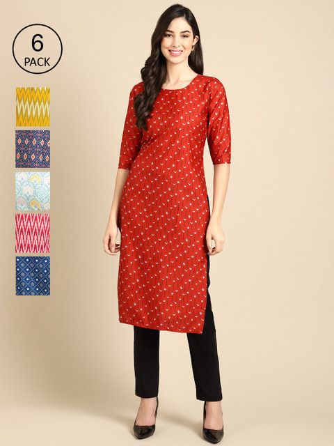 

KALINI Women Red & Blue Pack Of 6 Geometric Printed Crepe Kurta