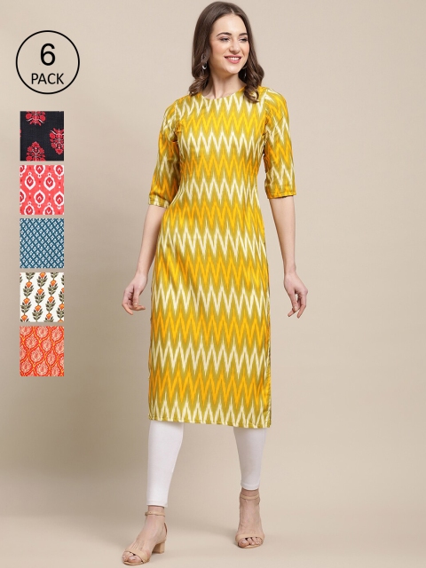

KALINI Women Multicoloured Pack of 6 Geometric Printed Crepe Kurta, Multi