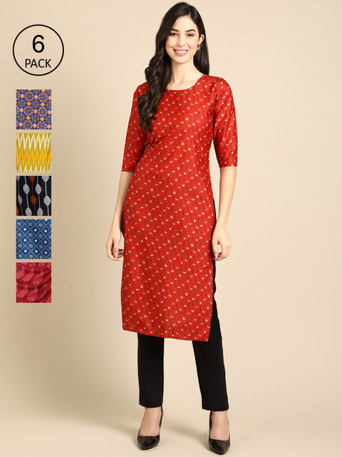 

KALINI Women Red & Yellow Pack of 6 Geometric Printed Crepe Kurtas