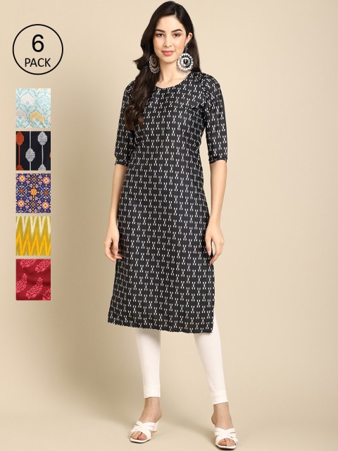 

KALINI Women Pack Of 6 Multicoloured Geometric Printed Crepe Kurta, Multi