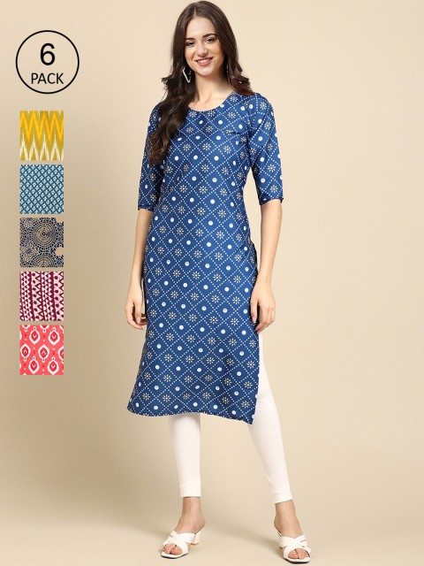 

KALINI Women Pack Of 6 Printed Crepe Kurta, Blue