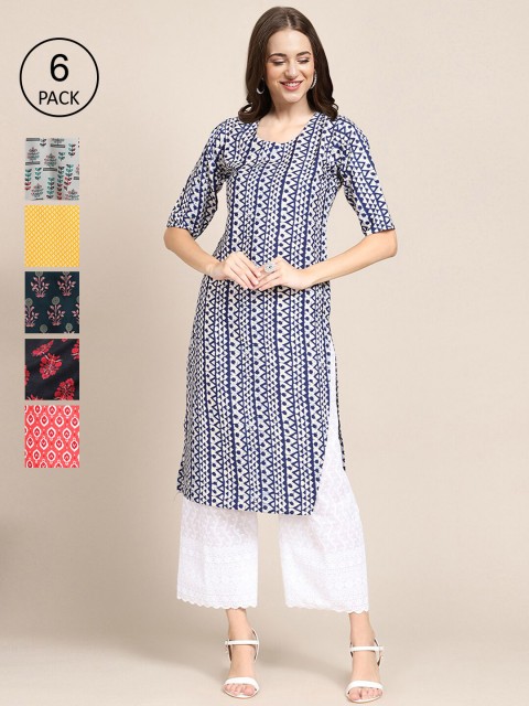 

KALINI Women Pack of 6 Printed Crepe Kurtas, Multi