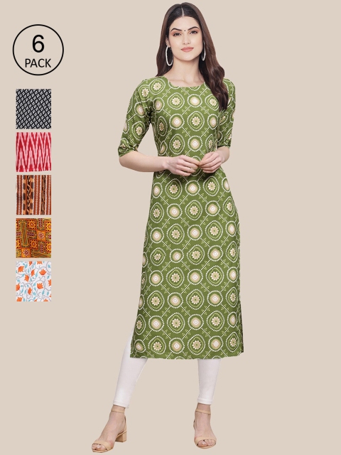 

KALINI Women Pack Of 6 Summer Sheers Crepe Kurta, Green