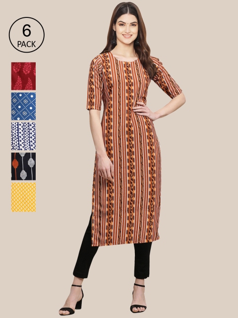 

KALINI Women Pack Of 6 Geometric Printed Crepe Kurta, Multi