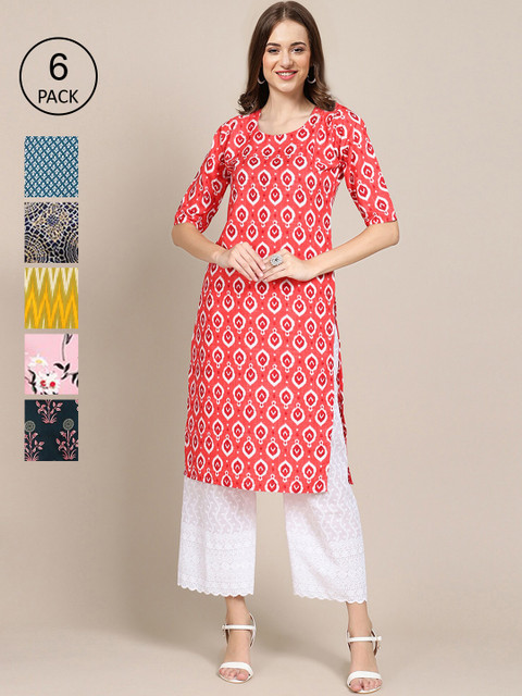 

KALINI Women Pack of 6 Geometric Crepe Kurta, Red