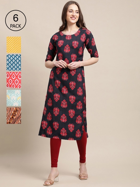 

KALINI Women Pack Of 6 Geometric Printed Crepe Kurta, Black