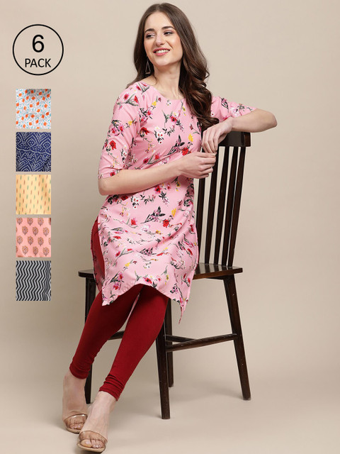 

KALINI Women Pink And Red Floral Printed Mirror Work Crepe Kaftan Kurta [PACK OF 6]