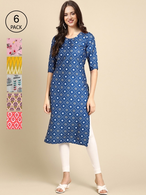 

KALINI Women Pack of 6 Blue & Pink Ethnic Motifs Printed Crepe Kurta