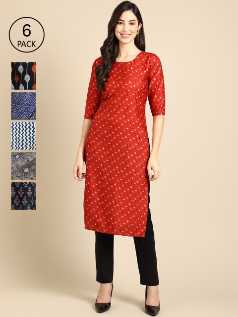 

KALINI Women Pack of 6 Ethnic Motifs Printed Crepe Kurta, Multi