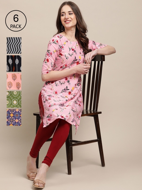 

KALINI Women Pack of 6 Geometric Printed Summer Sheers Crepe Kurta, Grey