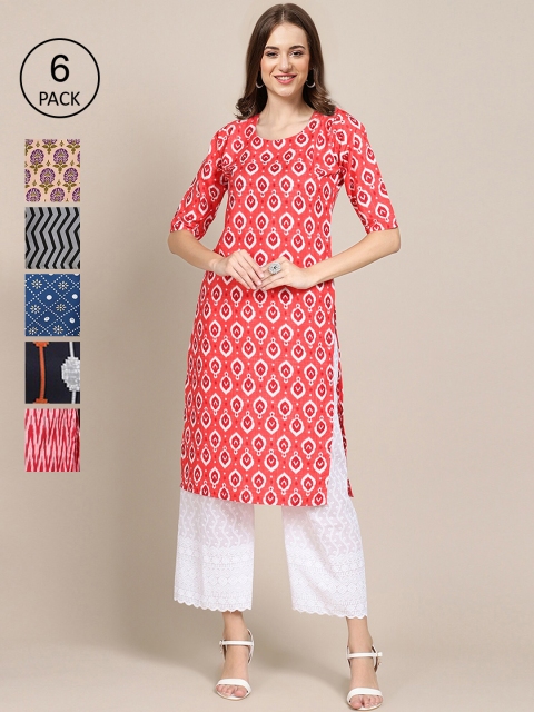 

KALINI Women Pack Of 6 Geometric Printed Crepe Kurtas, Coral